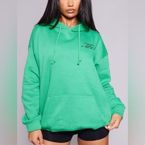 PrettyLittleThing apple green graphic oversized hoodie, size M with hood